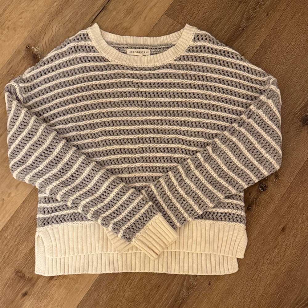 Aéropostale Striped Knit Sweater - Cream and Gray